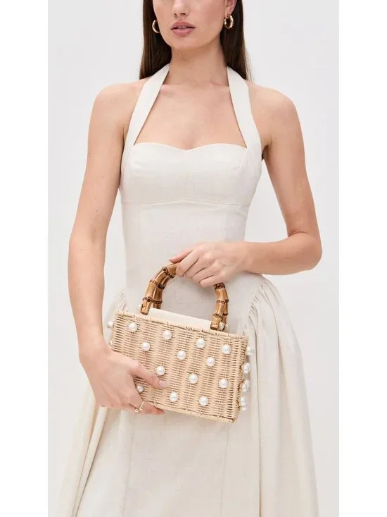 BTB Los Angeles Chloe Pearl Beaded Top-Handle Box Bag Handbag Raffia Tote Purse - Picture 13 of 14